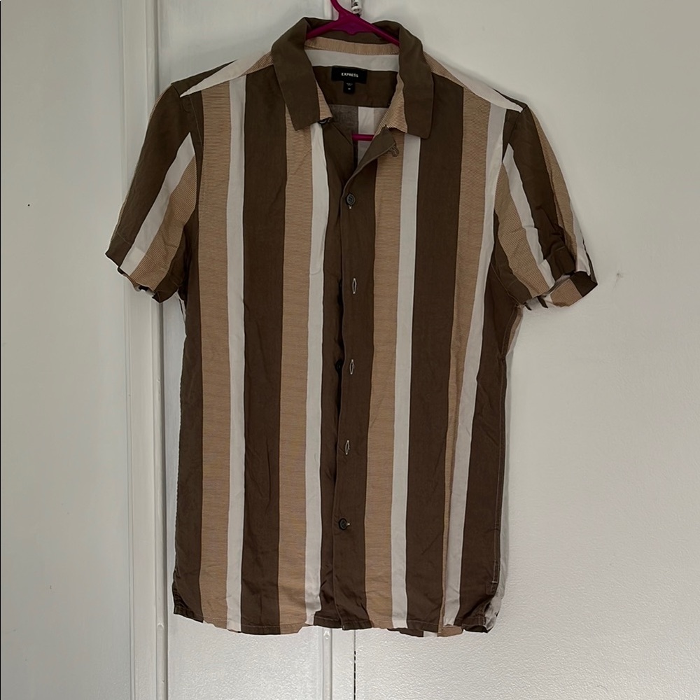 Express Brown and White Casual Button Down Shirt